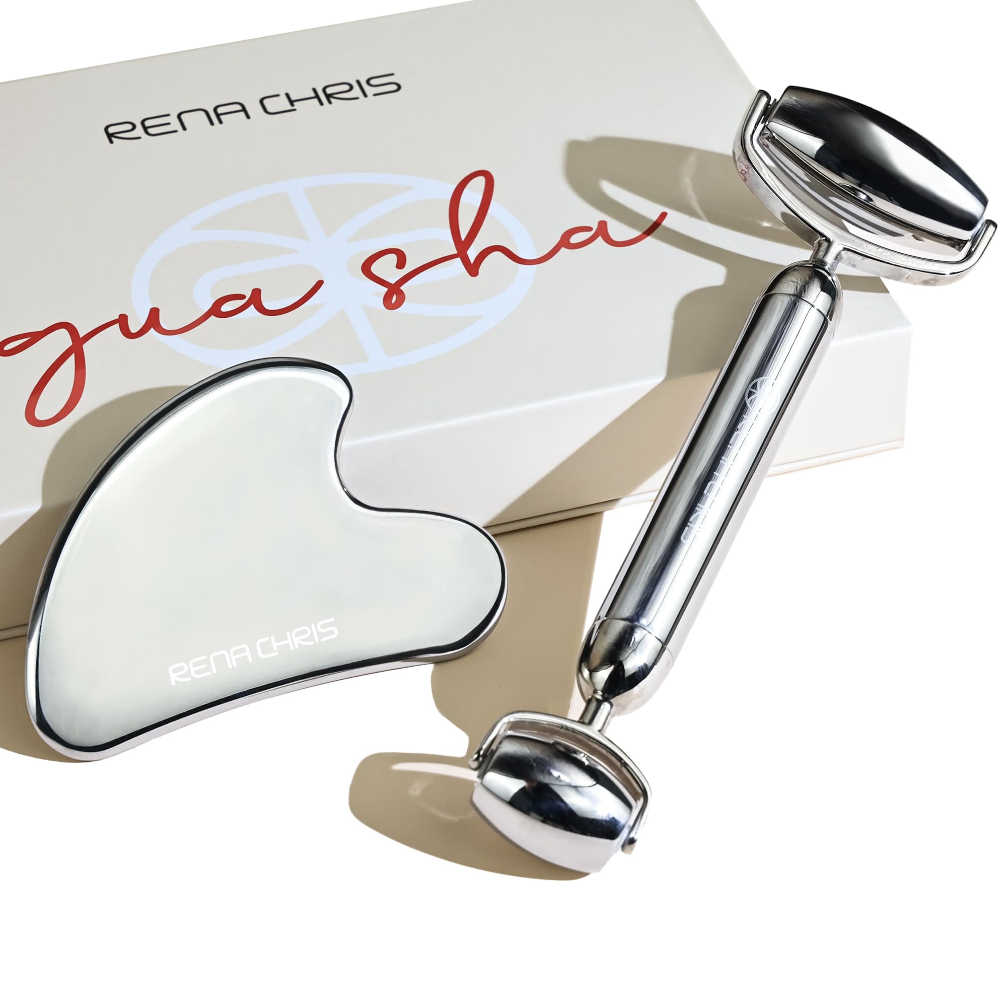 Rena Chris Face Roller & Gua Sha Set Stainless Steel Massage Tools for Jawline Sculpting and Puffiness Reducing Beauty & Skincare