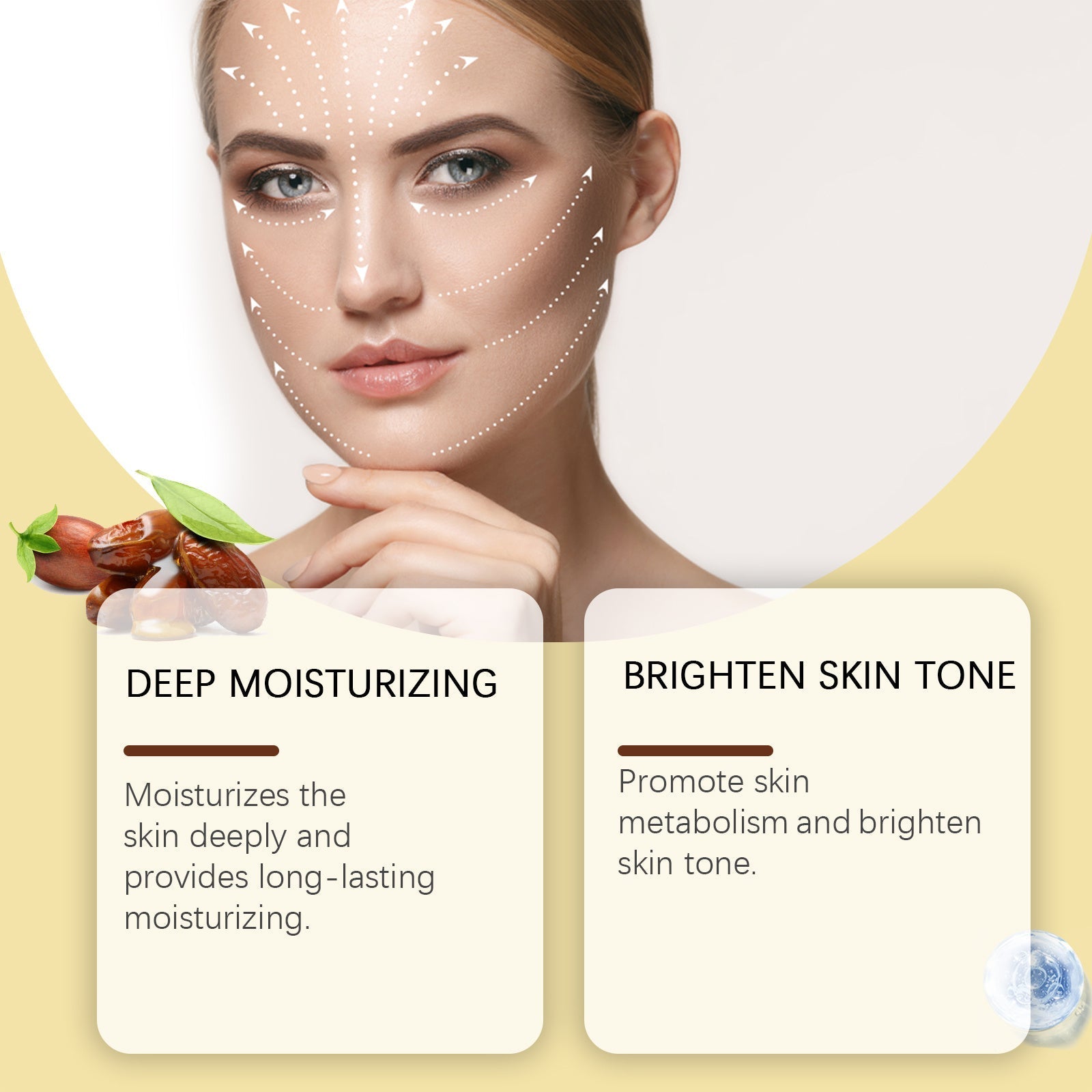 Eelhoe Jojoba Face Essential Oil bottle with jojoba seeds and bright skin background for moisturizing and firming care