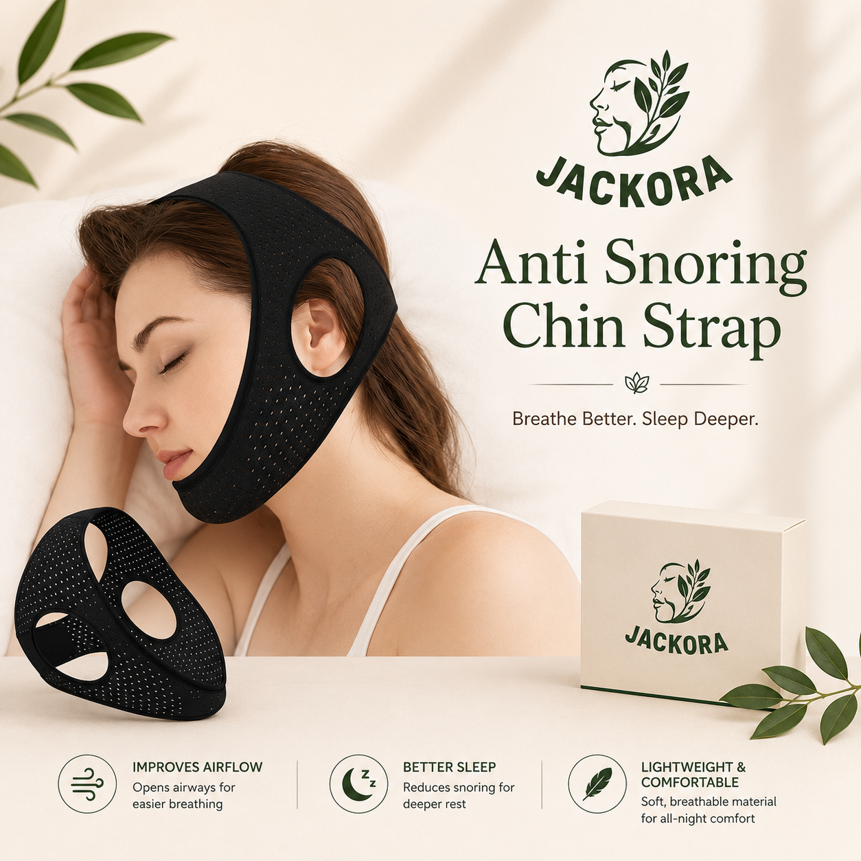 Breathable anti snore chin strap for comfortable and secure sleep with adjustable fit