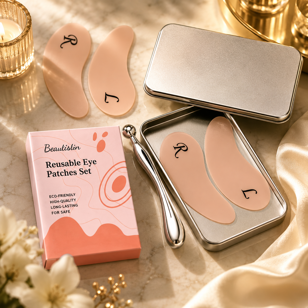 Beautistin reusable silicone under-eye patches with metal massage stick and storage case for fine lines and moisture retention