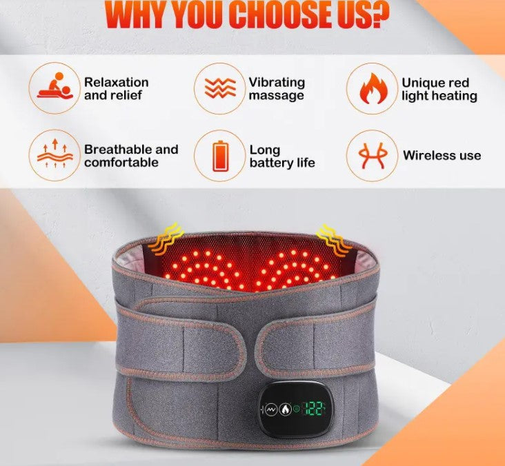 Cordless heated waist massager with adjustable heat and vibration for lower back relief