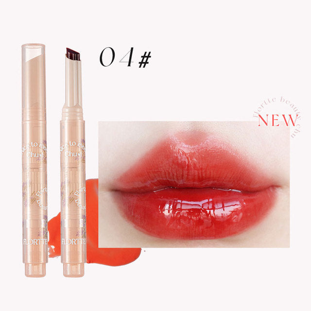 FLORTTE First Kiss Love Stick Lipstick pen with mirror and vibrant shades on a pink background