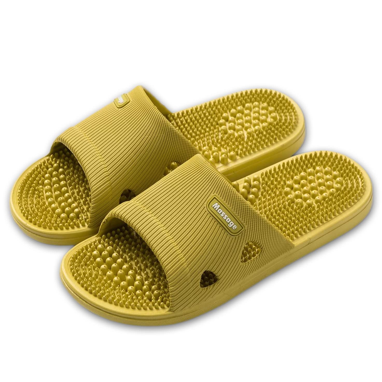 Yellow acupressure massage slippers for women with non-slip soles and 3D foot acupuncture points for plantar fasciitis relief