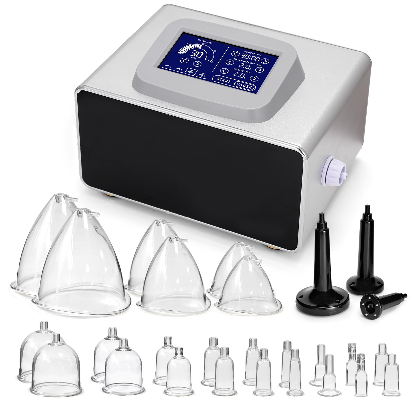 Modern vacuum therapy machine with touchscreen and multiple attachments for body care