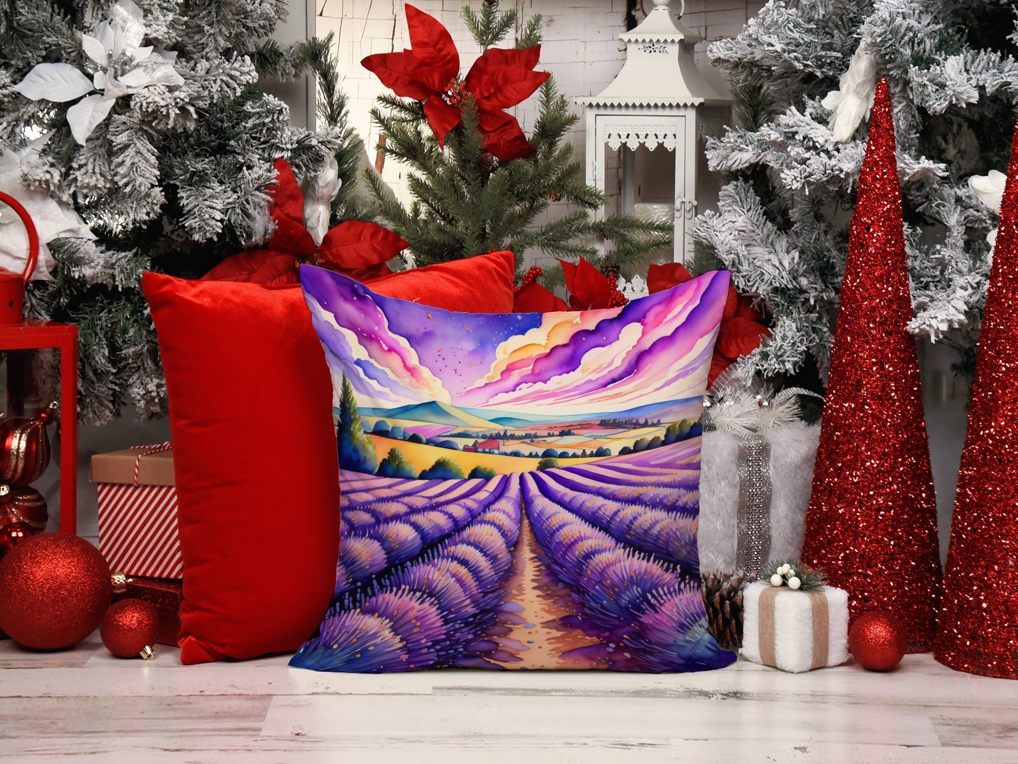 English lavender throw pillow with floral artwork, water-resistant fabric, and plush polyester insert for indoor and outdoor use.