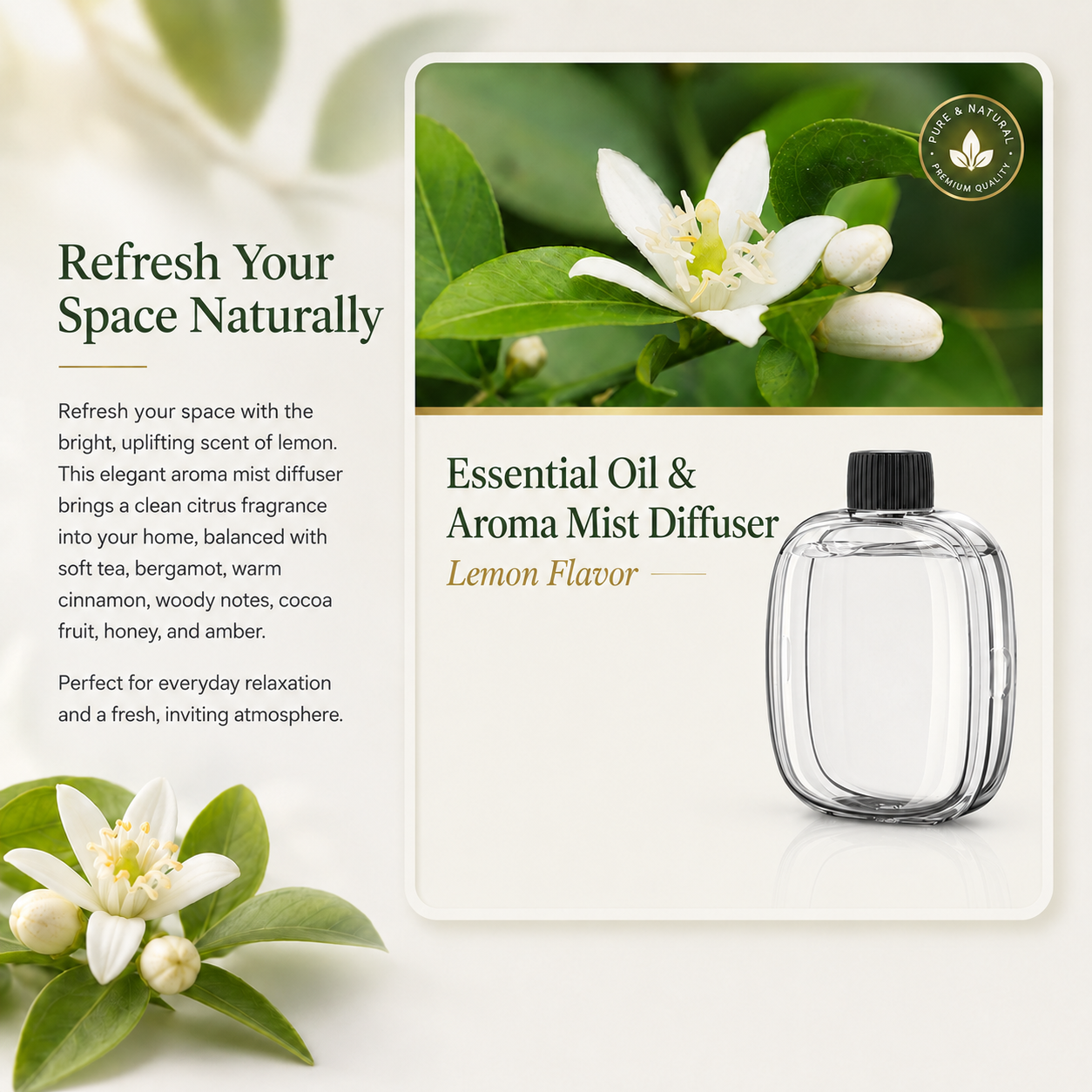 Aura Mist Essential Oil refill blend bottle with diffuser for calming room fragrance