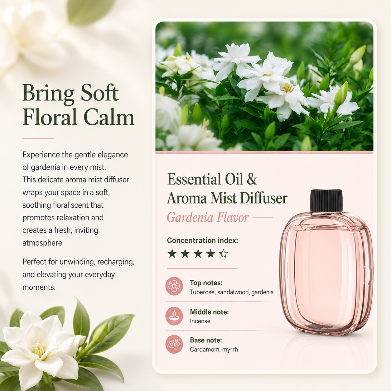 Aura Mist Essential Oil bottle with floral background displaying calming and refreshing aroma blend