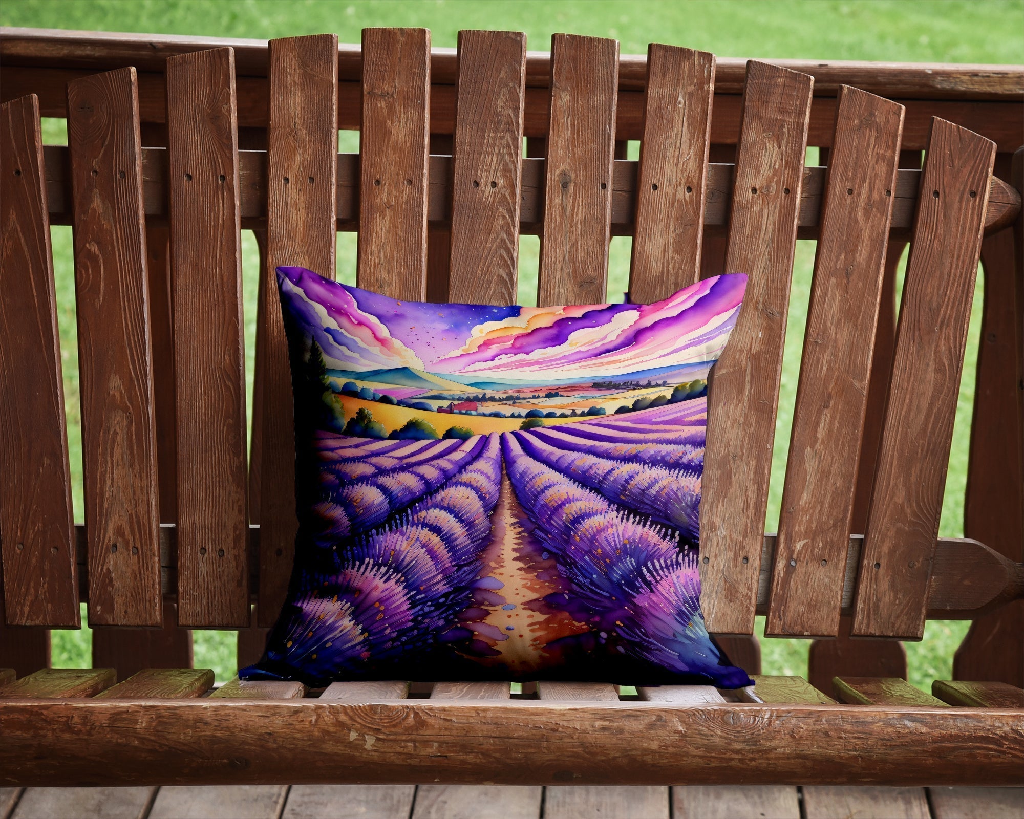 English lavender throw pillow with floral artwork, water-resistant fabric, and plush polyester insert for indoor and outdoor use