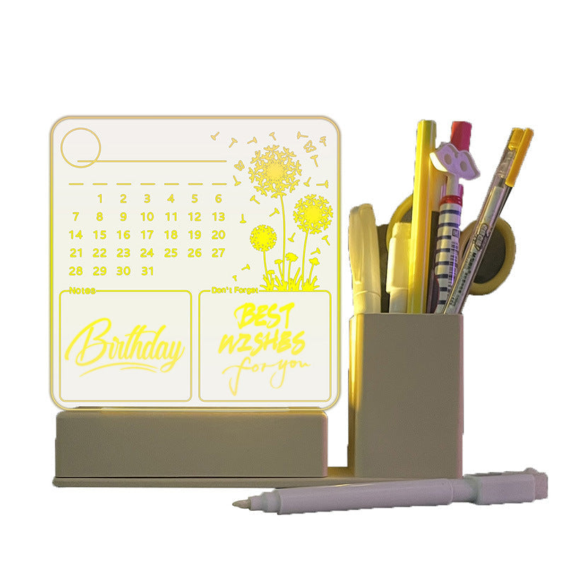 Glowing acrylic calendar memo board with LED night light and dandelion design on desk with pen and customizable bases