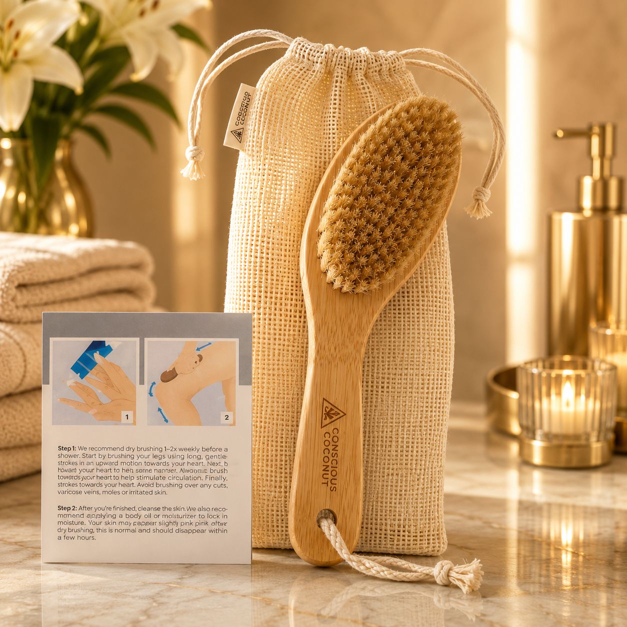 Bamboo dry brush with natural bristles, ergonomic wooden handle, and travel bag for gentle skin exfoliation
