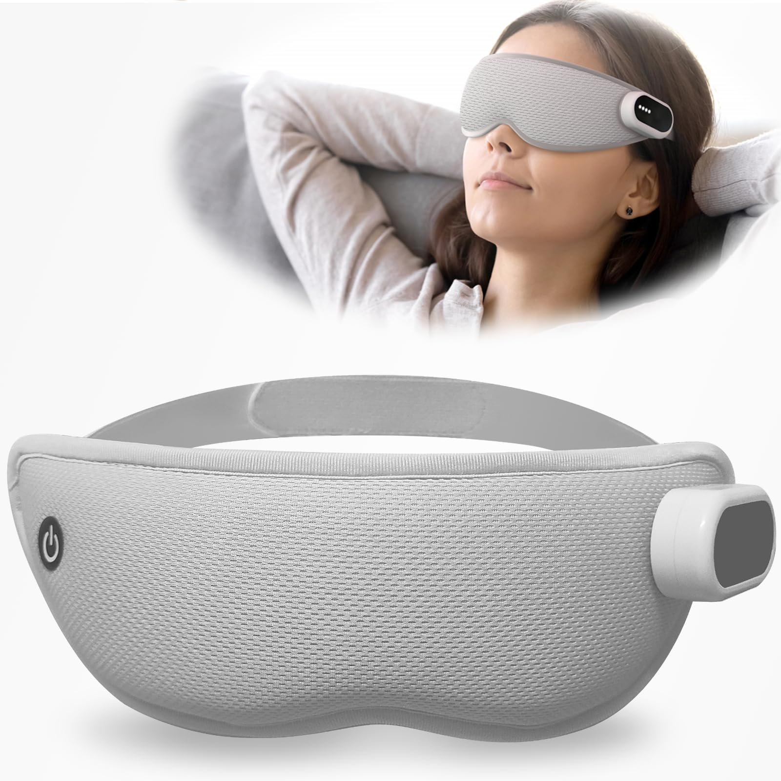 Eye massager with heat and cooling featuring adjustable strap and removable cooling gel mask