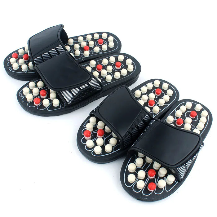 Acupressure foot massage slippers with raised nodes and adjustable straps for foot relaxation and comfort