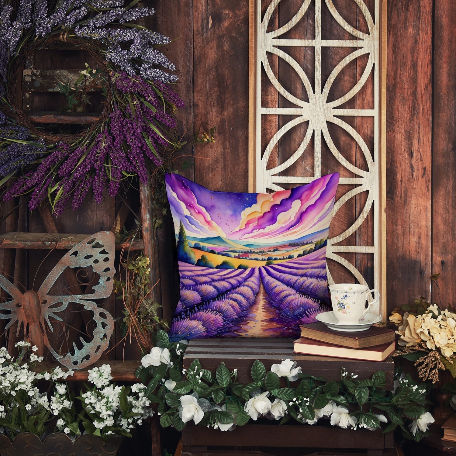 English lavender throw pillow with water-resistant fabric and floral design for indoor and outdoor use