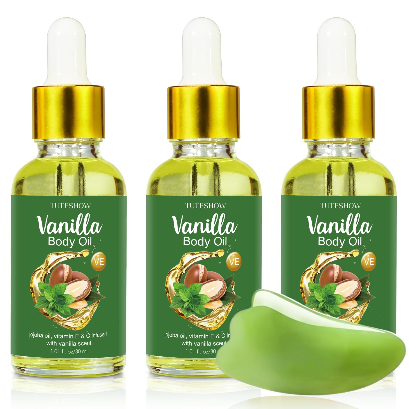 3 pack travel size vanilla body oil bottles with jojoba and vitamin E oils for dry skin