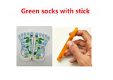 Foot therapy Massage Socks in white with colorful acupressure reflexology charts printed on them, shown with an orange massage stick.