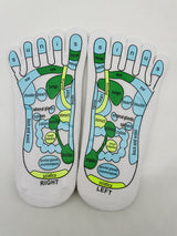 Massage Socks featuring white cotton blend material with colorful foot reflexology charts printed, highlighting acupuncture points for therapy.