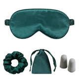 Dark green silk satin sleeping eye mask with satin hair scrunchies and ear plugs for sleep and relaxation