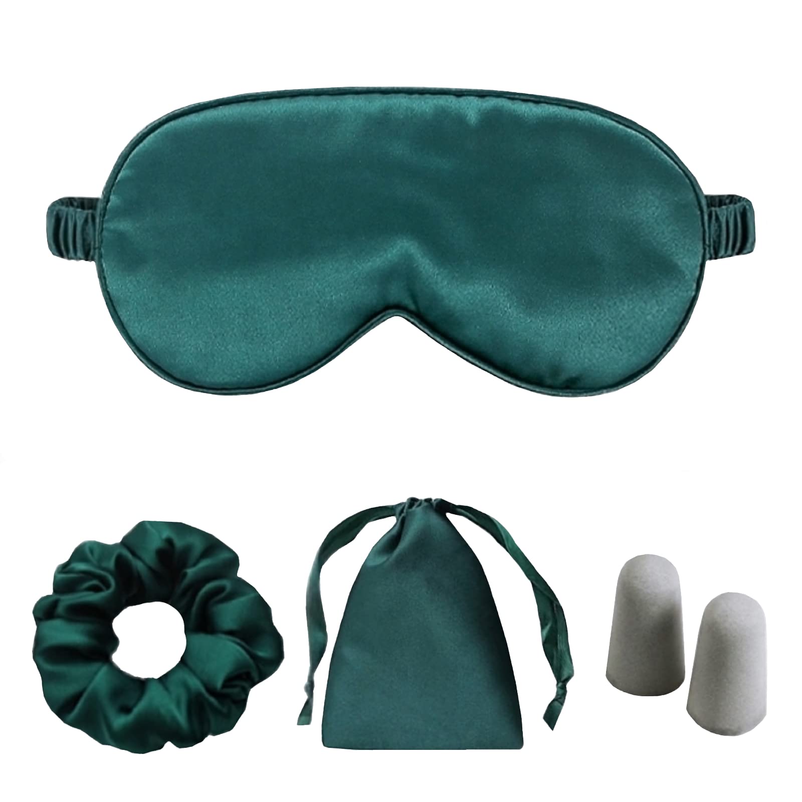 Dark green silk satin sleeping eye mask with satin hair scrunchies and ear plugs for sleep and relaxation