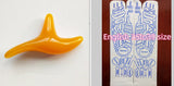 Foot massage tool in bright yellow plastic with smooth curved edges, shown alongside white Massage Socks featuring blue reflexology diagram prints for acupressure points.