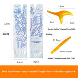 Massage Socks in white cotton with blue reflexology diagrams, includes amber yellow triangle finch and massage stick tools.