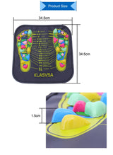 Reflexology Foot Massage Pad with colorful plastic acupressure stones on a black square mat featuring a foot acupoints map