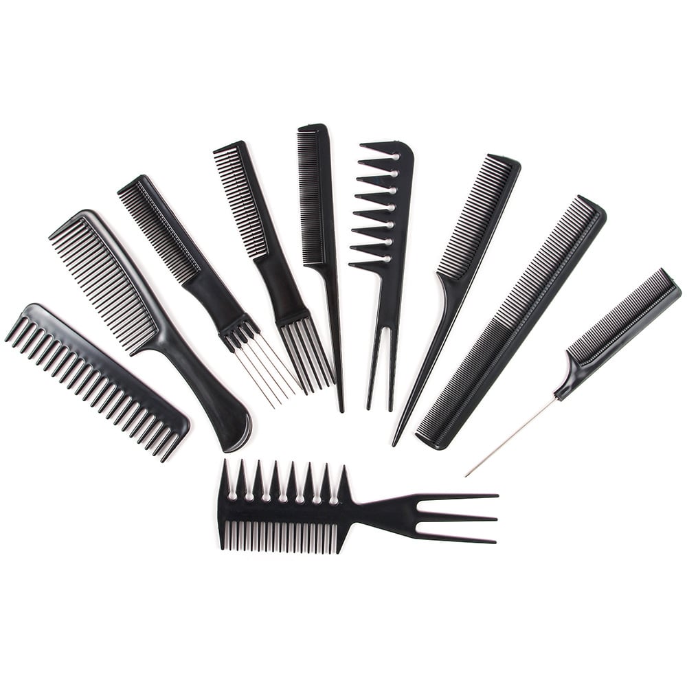 Hair Comb Ten Piece Set with various plastic styling combs for perming, detangling, and trimming hair