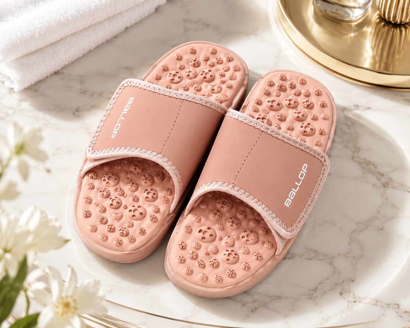 Pair of acupressure slippers with built-in arch support and adjustable straps for foot reflexology and tension relief