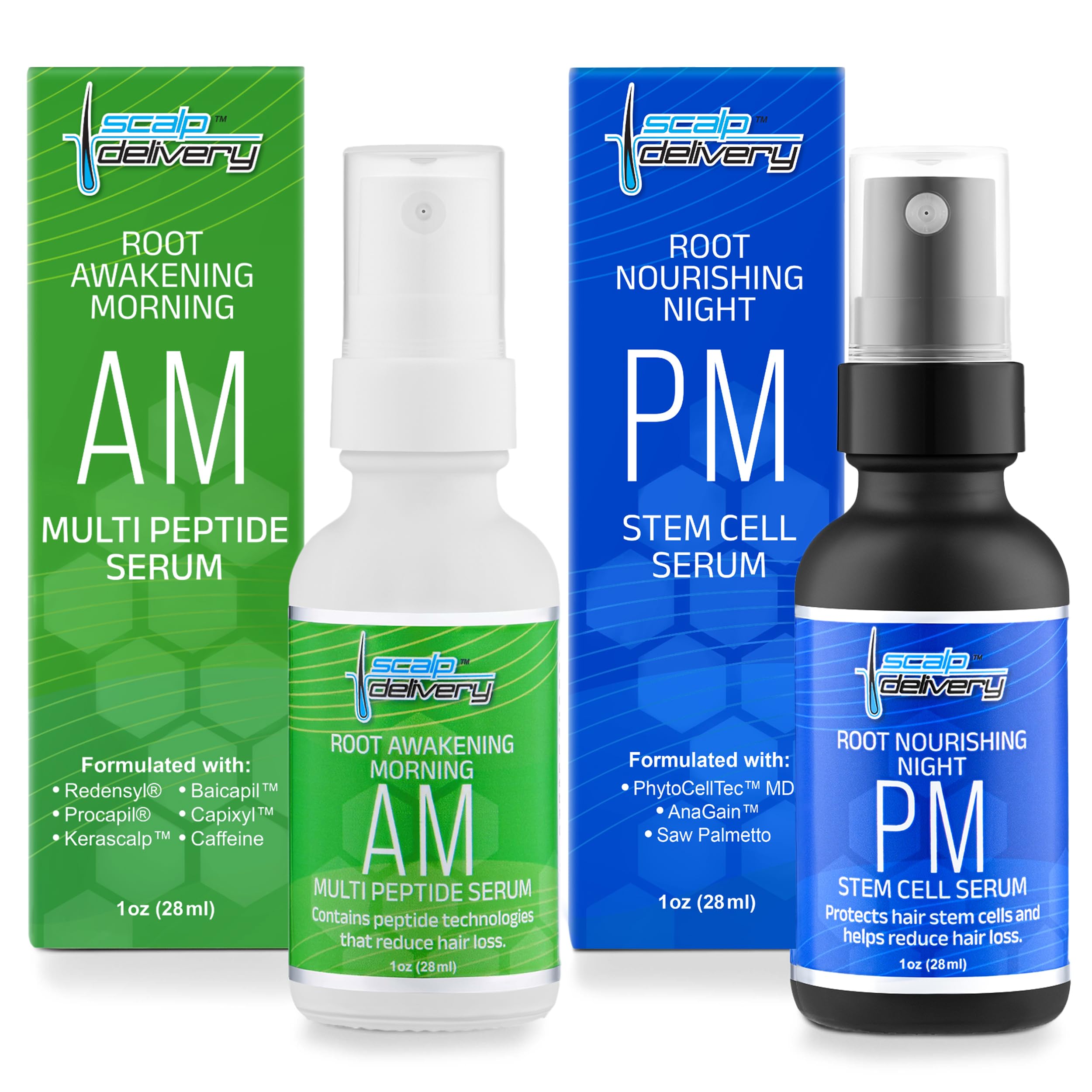 Peptide hair growth serum set with AM and PM formulas for scalp delivery and thicker, stronger hair