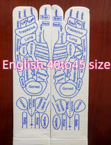 White cotton Massage Socks with blue reflexology acupressure point diagrams printed for foot therapy and pain relief.