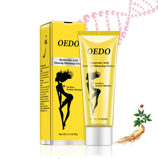 OEDO Hyaluronic Acid Ginseng Slimming Cream jar with ginseng root and hyaluronic acid ingredients on a white background