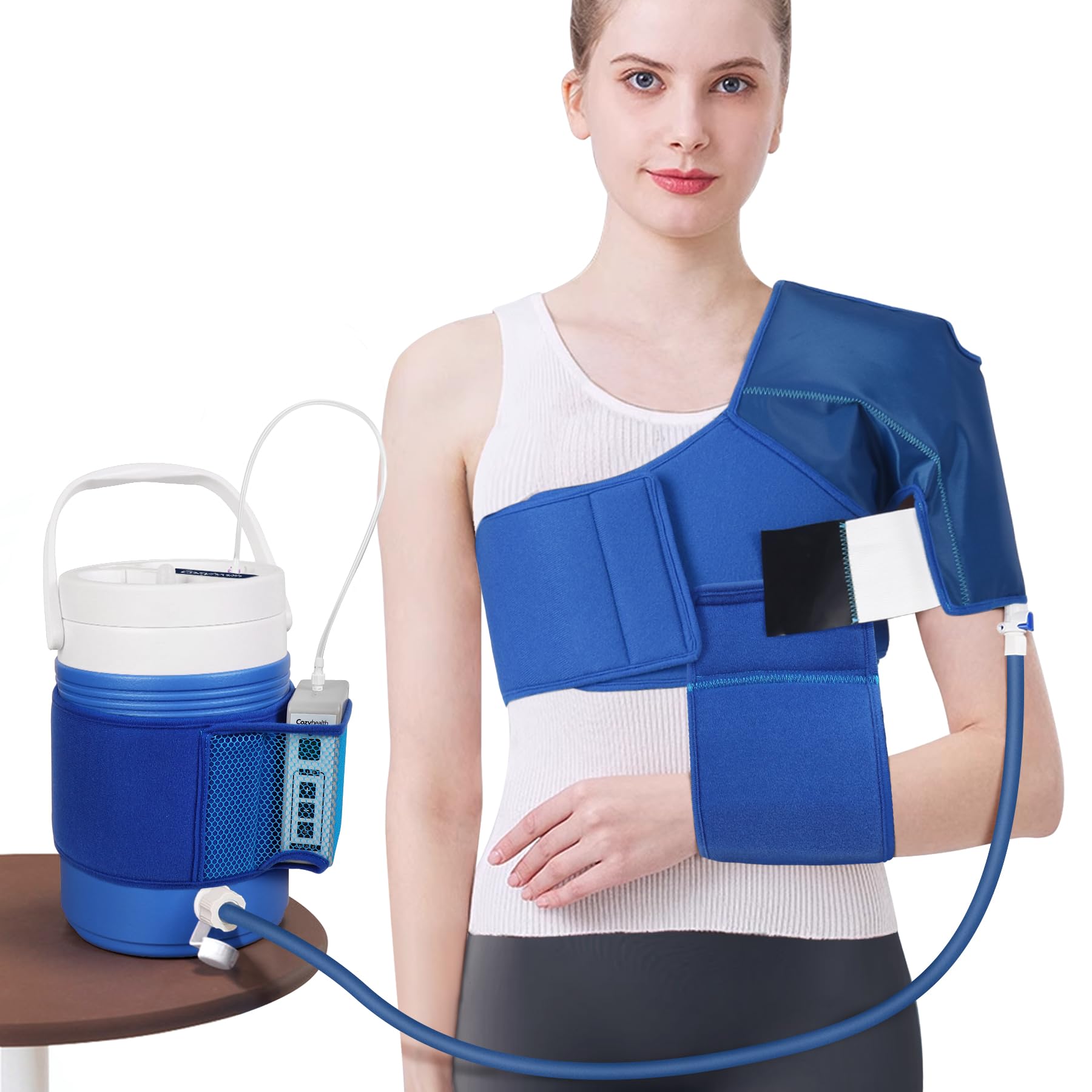 Cold Therapy Ice Machine with insulated reservoir and adjustable shoulder pad for targeted cold therapy and shoulder recovery
