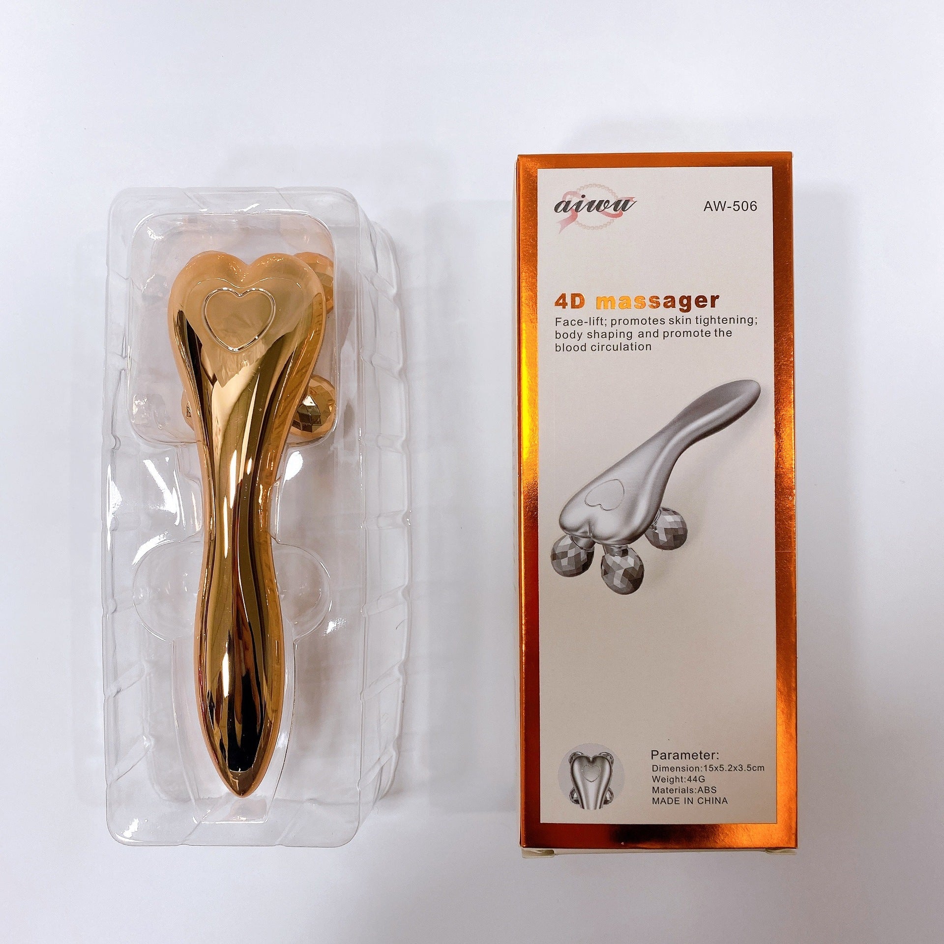 V-Type 4D Roller Massager in gold, silver, and pink for facial and eye care, promoting glowing skin and reducing puffiness.
