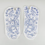 White cotton Massage Socks with blue acupressure reflexology foot diagrams printed, showing detailed acupuncture points and body organs.