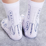 White cotton reflexology foot socks with black acupressure point diagrams and Chinese text, designed for Massage Socks therapy.