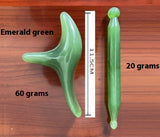 Massage Socks acupressure tool set made of emerald green polished stone, includes curved and rod-shaped massagers 11.5 cm long.