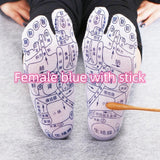 Massage Socks in light blue cotton with detailed black reflexology diagrams and acupuncture point labels on soles.