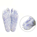 White cotton reflexology Massage Socks with blue acupressure point diagrams labeled for body organs and systems on each toe and sole.