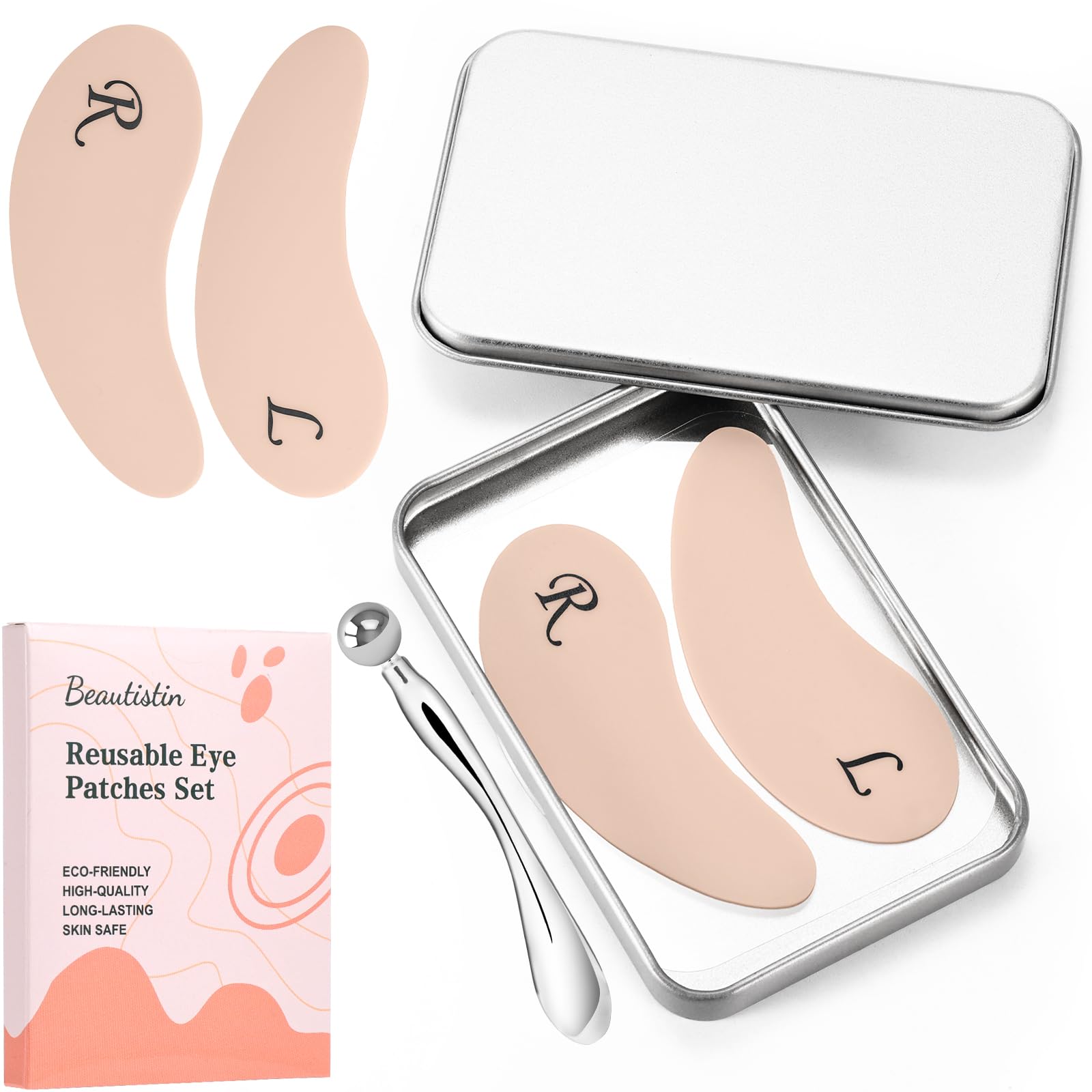 Beautistin reusable silicone under-eye patches with metal massage stick and storage case for fine line reduction and hydration