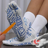 White cotton Massage Socks featuring blue printed reflexology foot diagrams and organ labels for targeted acupressure therapy.