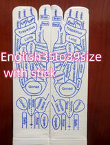 Massage Socks in white cotton with blue acupressure foot reflexology charts printed to target organs and body systems.