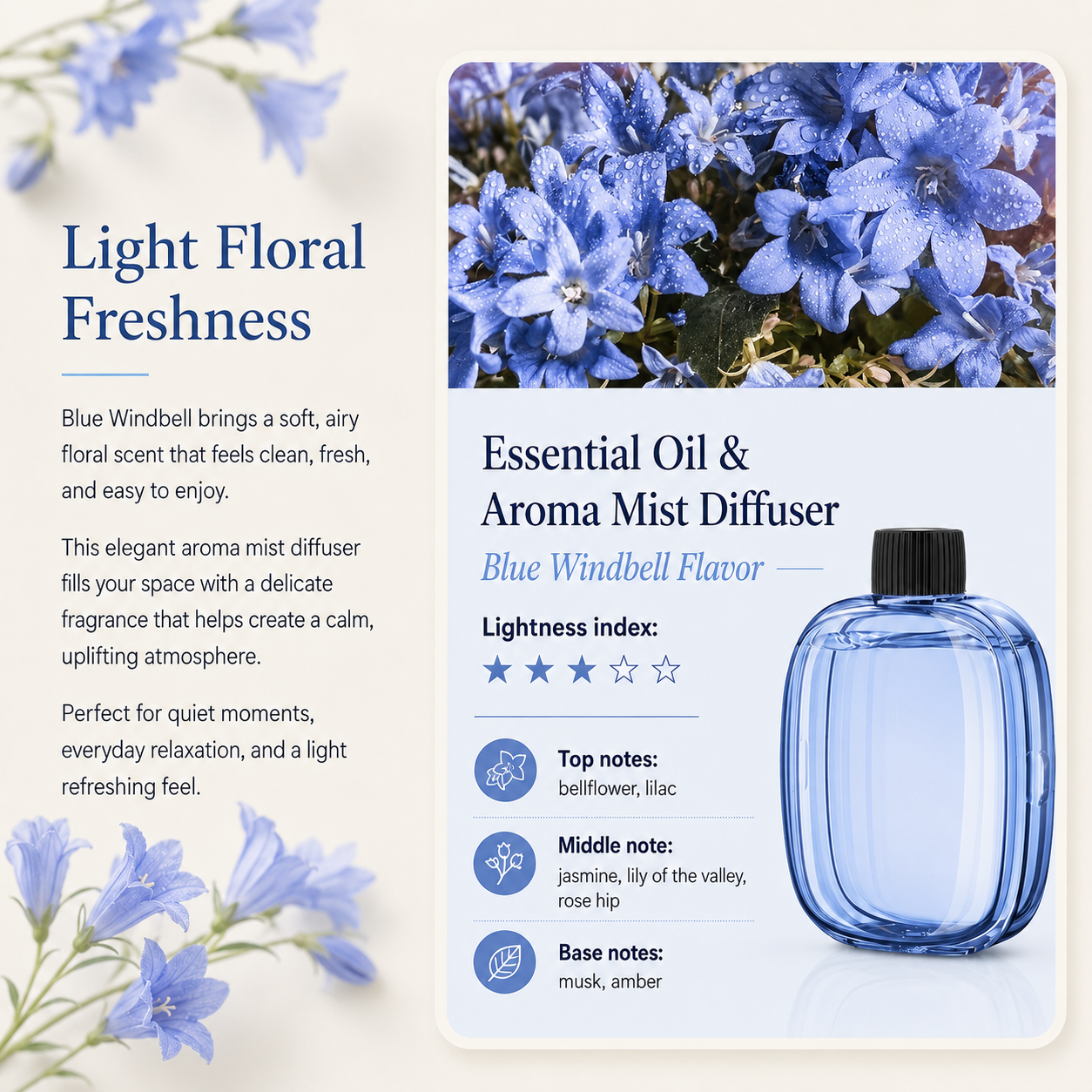 Aura Mist Essential Oil refill bottle with calming floral and citrus scents for diffuser