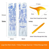 White cotton Massage Socks with blue printed foot reflexology diagrams and included yellow amber massage stick and triangle sparrow tools