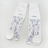White cotton blend Massage Socks featuring blue printed acupressure foot reflexology charts with toe separation for targeted therapy.