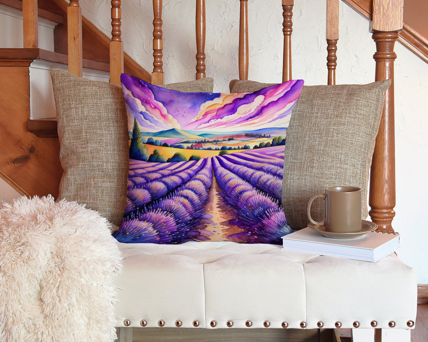 English lavender throw pillow with floral artwork, water-resistant fabric, and plush insert for indoor and outdoor use