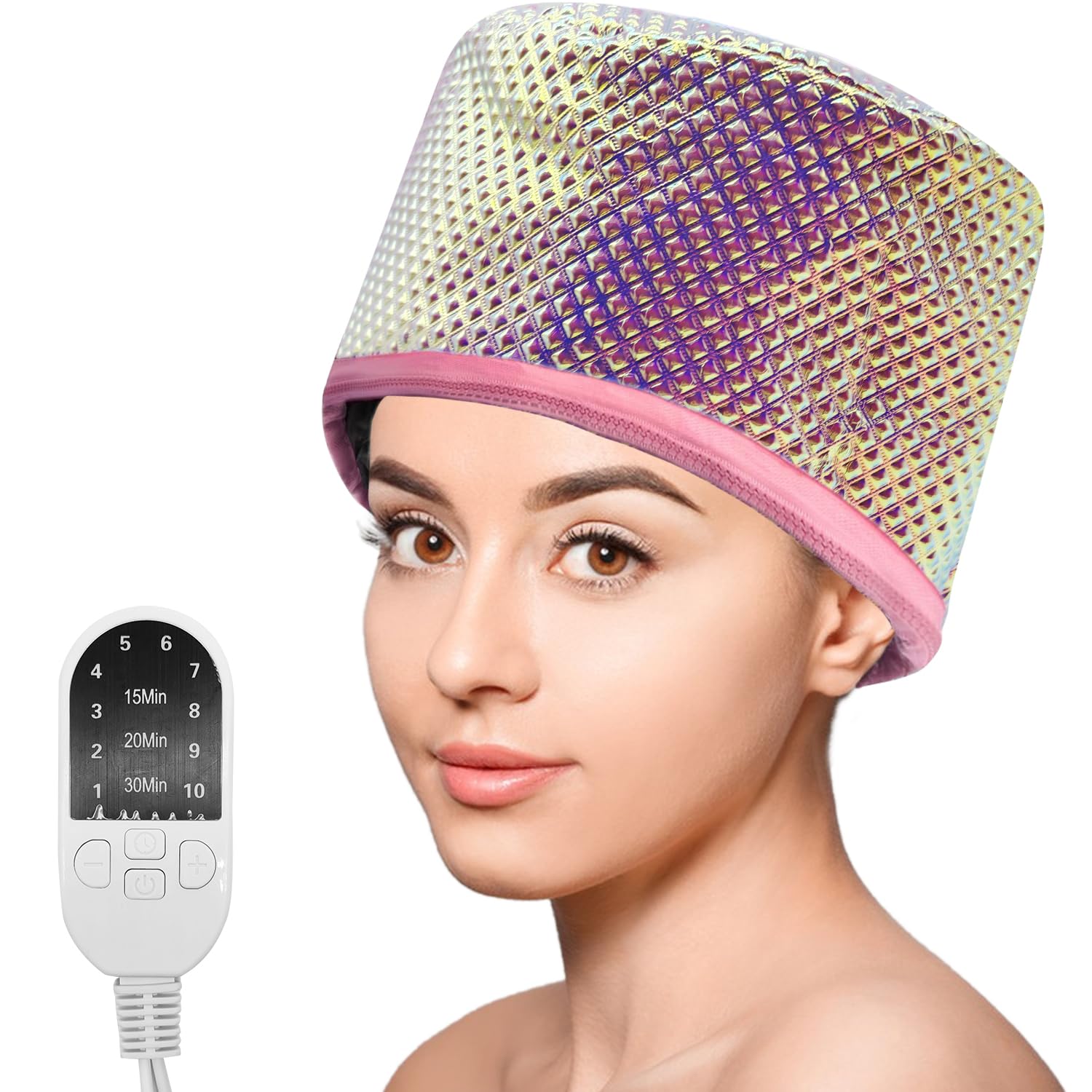 Portable hair steamer cap with 10 temperature levels and preset timers for deep conditioning and heat treatment of hair