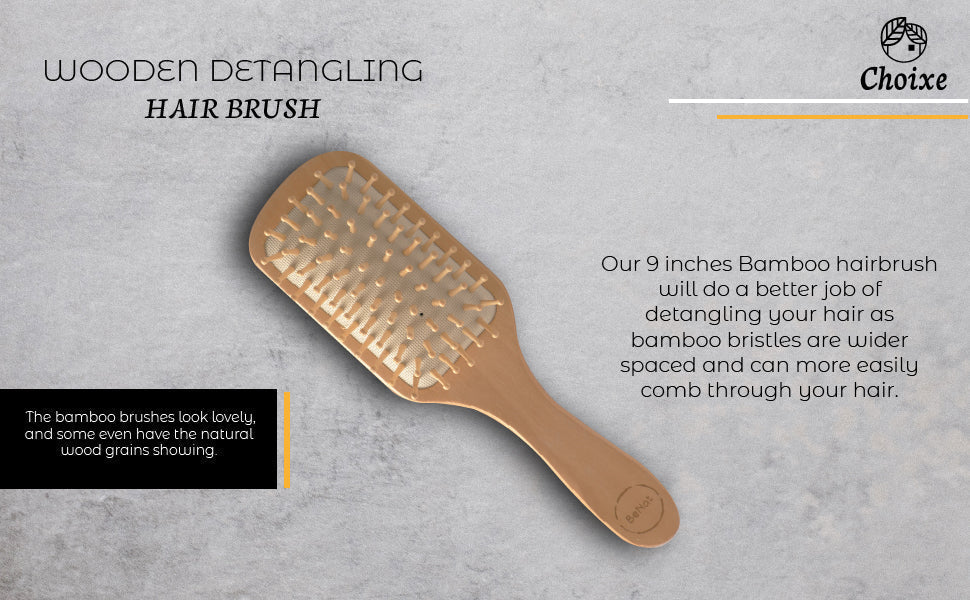 Natural wooden detangling hair brush with bamboo bristles and rubber cushioning