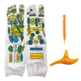 White cotton Massage Socks with colorful reflexology diagrams printed on soles, paired with two orange plastic foot massage tools