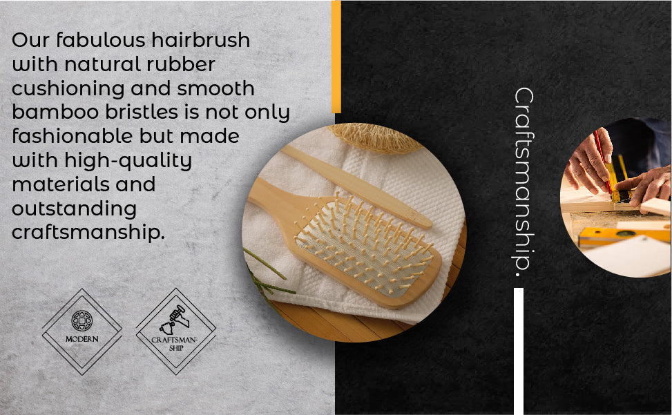 Natural wooden detangling hair brush with bamboo bristles and rubber cushioning for gentle, static-free styling
