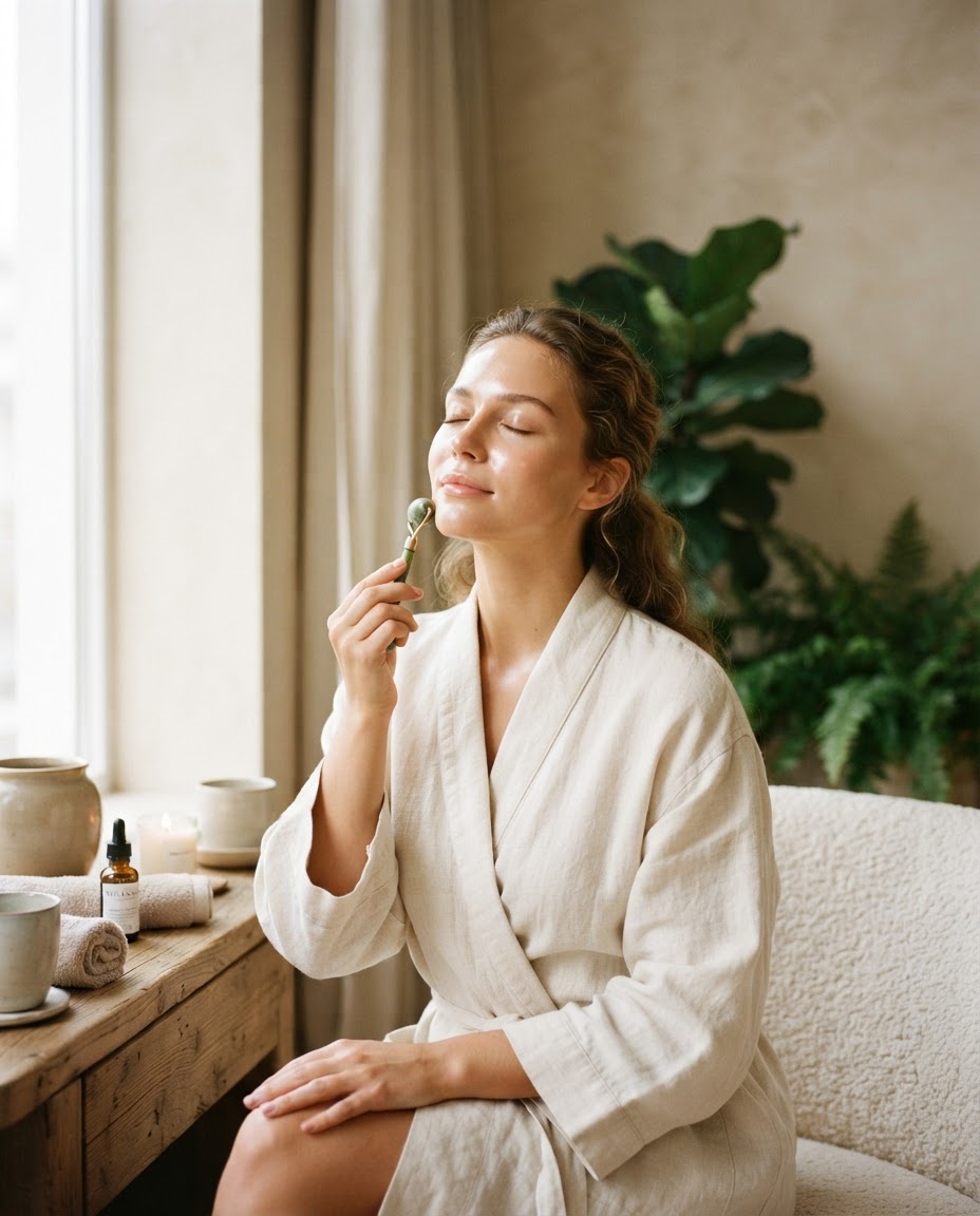 A woman using a facial roller during her skincare routine