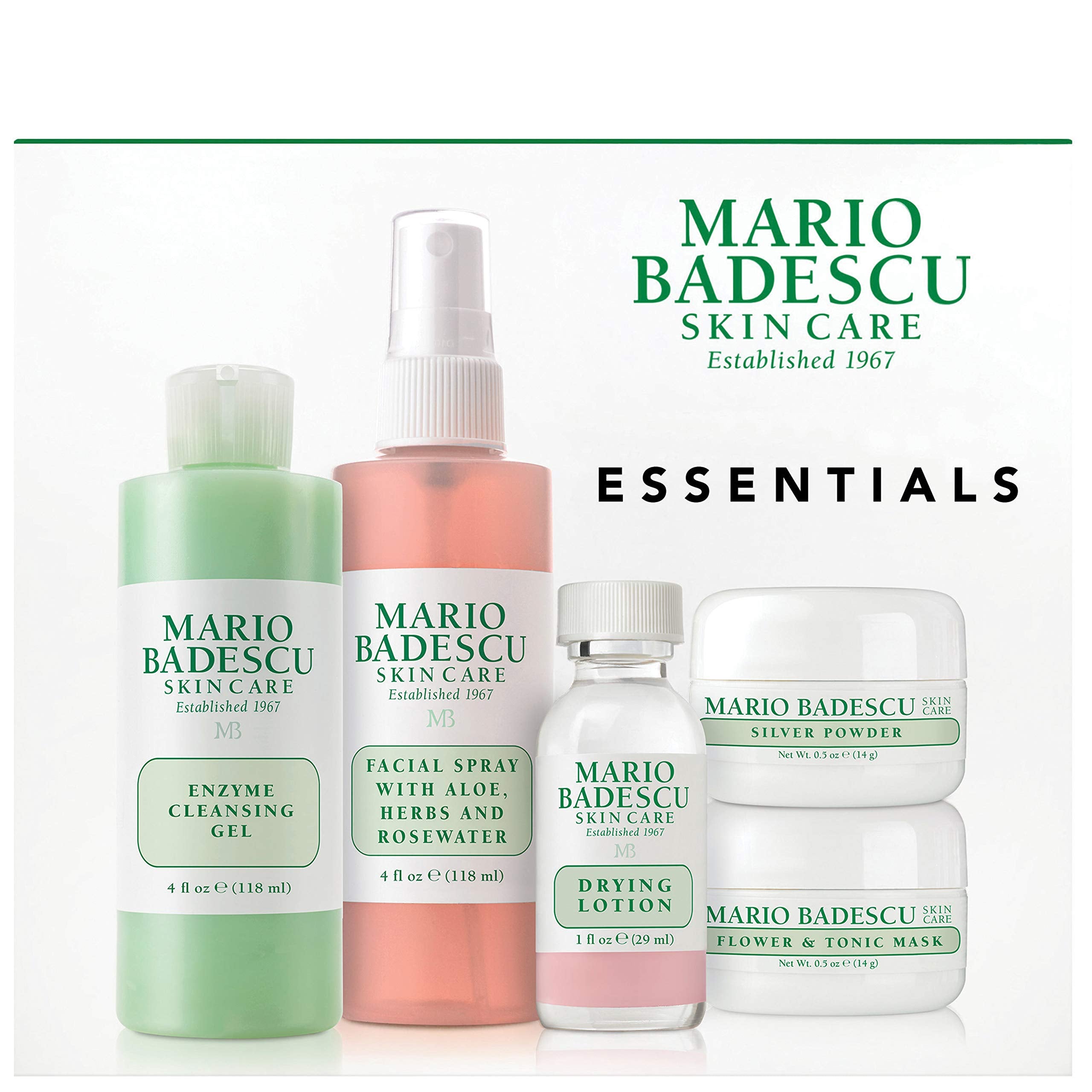 Mario Badescu Essentials 5 Piece Kit Skincare Gift Set With Drying Lotion Rose Water Facial Spray Silver Powder Enzyme Cleansing Gel and Flower & Tonic Mask